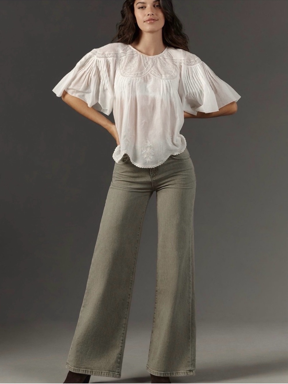 Anthro AskkNy Olive Green Wide Leg High Rise Denim Jeans Size 33 NWT $225